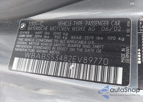 2002 BMW 330Ci from USA, damaged, VIN WBABS53482EV89770